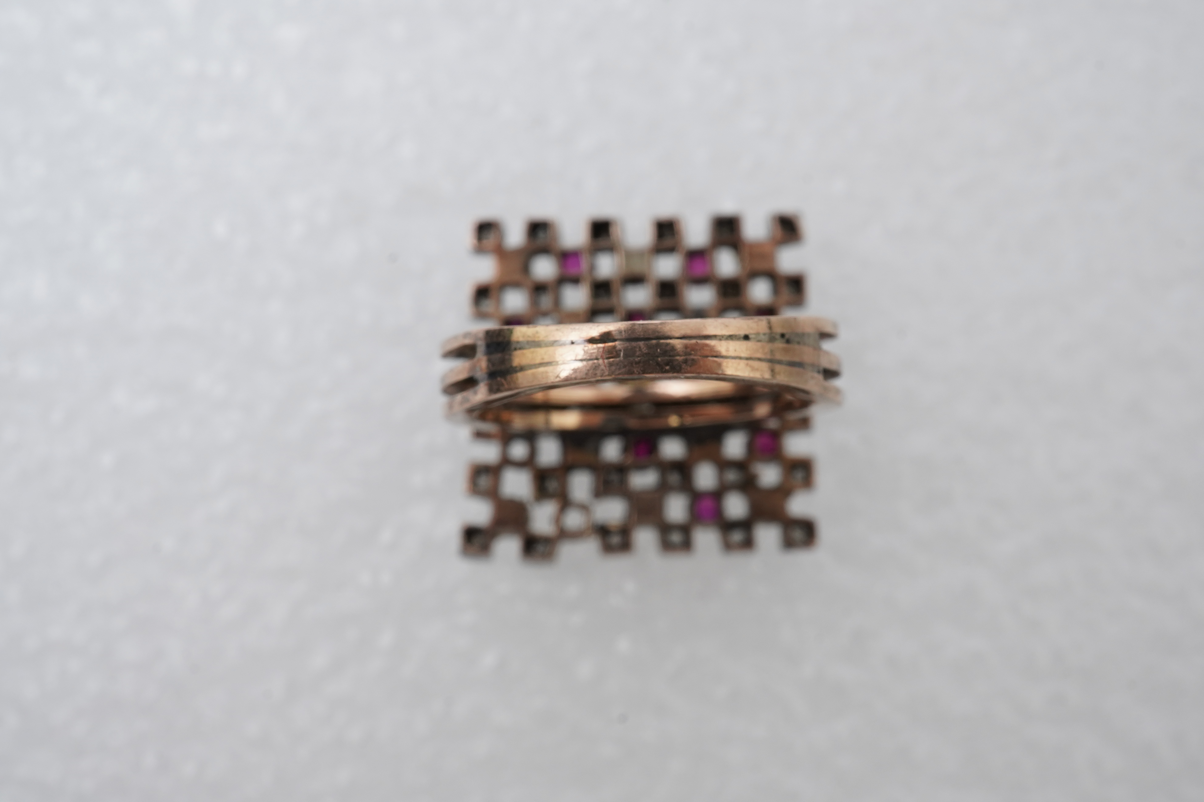 A synthetic ruby, seed pearl and diamond ring